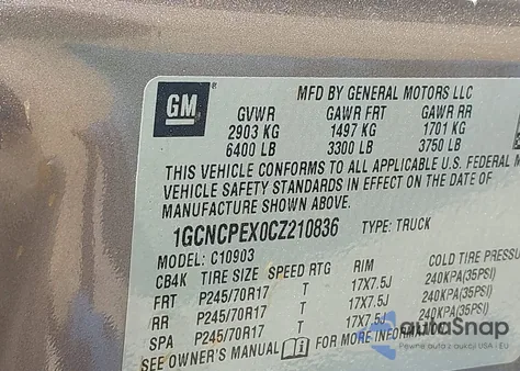 2012 Chevrolet Silverado 1500 Work Truck z USA, uszkodzony, nr VIN 1GCNCPEX0CZ210836